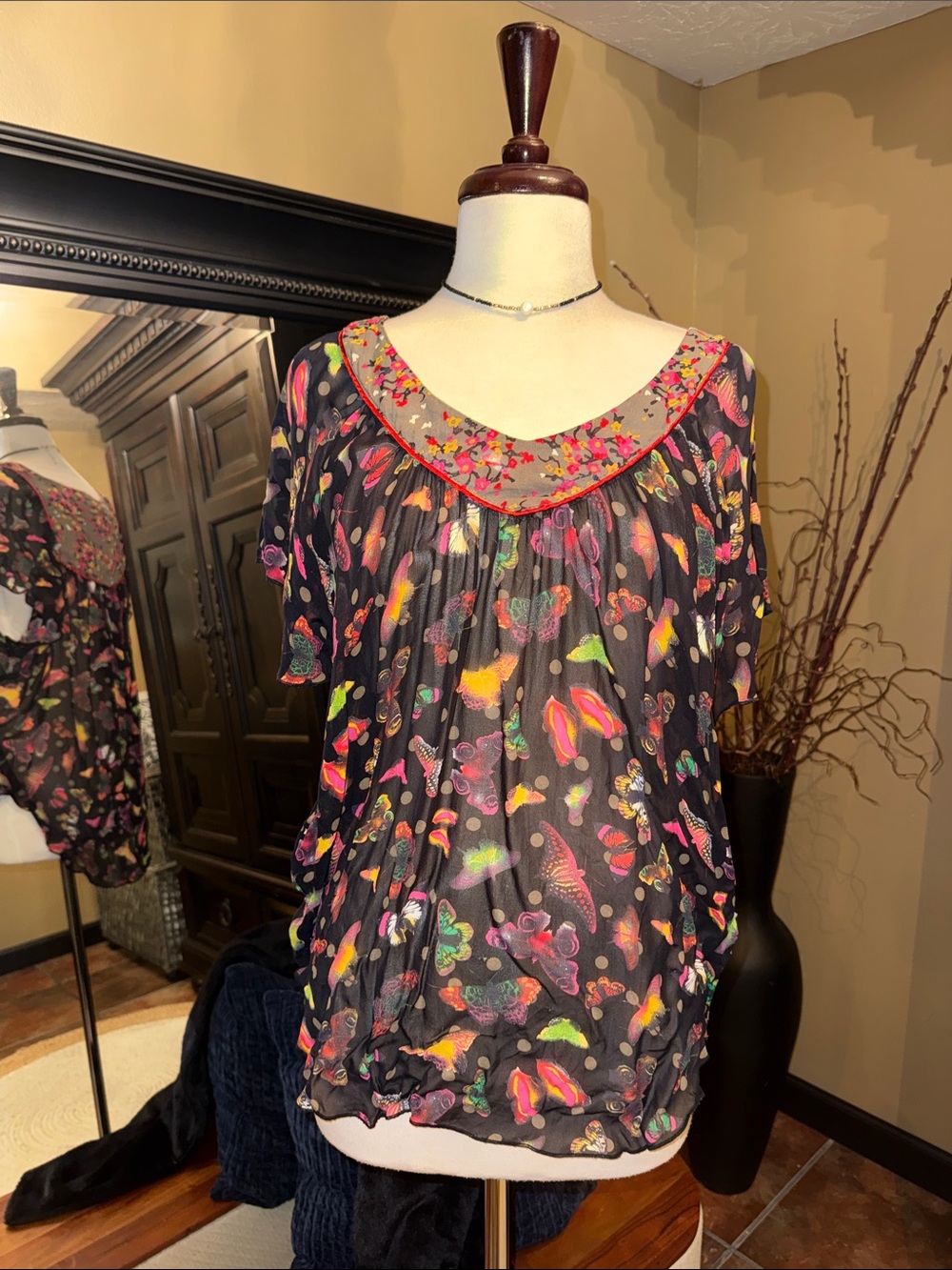 Women's Black Sheer Butterfly-Print Blouse with Embroidered Scoop Neck